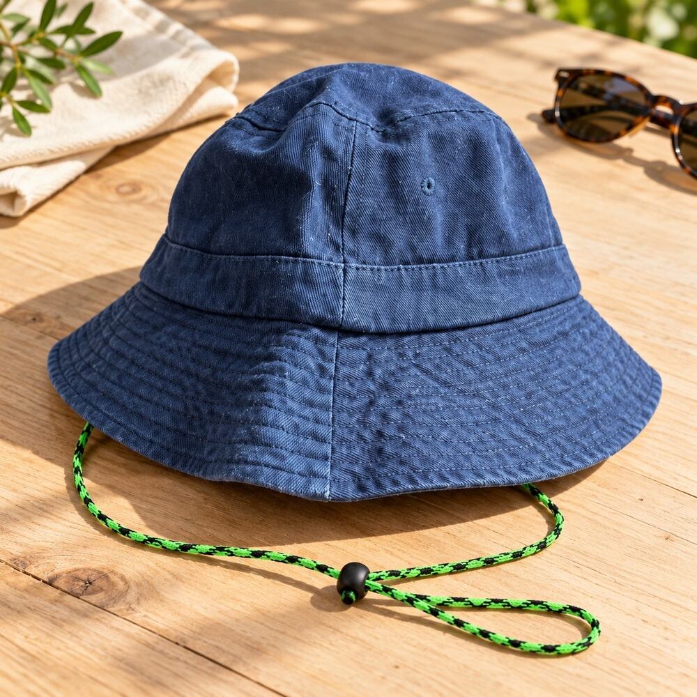Blue Bucket Hat With Green Black Chin Strap Casual Outdoor Sun Hat